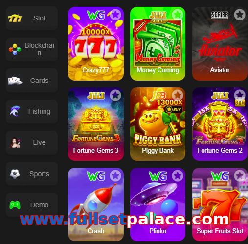 Main screen of Www.fullsetpalace.com game page for PK players